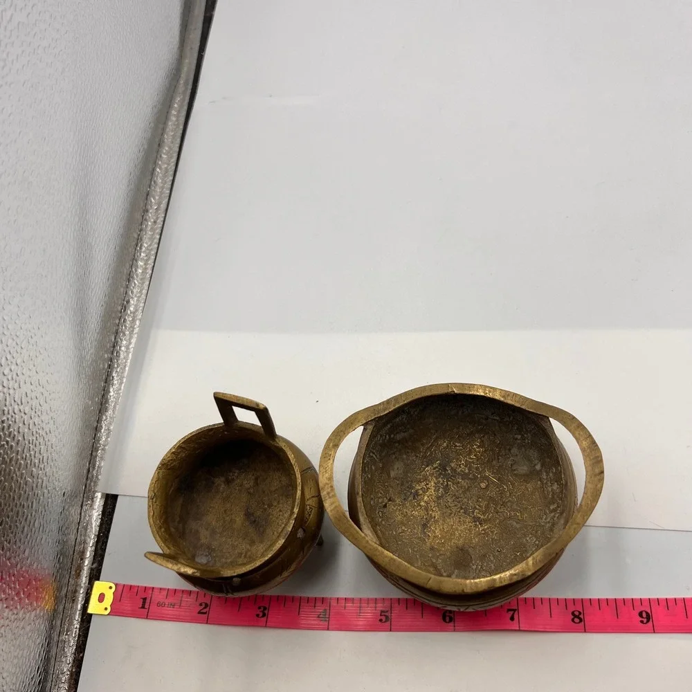 Vintage Chinese Cast‎ Brass Miniature Incense Burners Censer Pair Tripod Handled